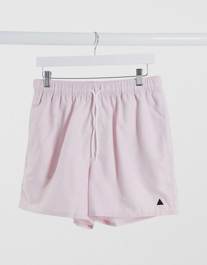 Asos Design Swim Shorts In Pink With Triangle Embroidery Short Length