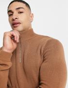 Asos Design Midweight Half Zip Cotton Sweater In Brown