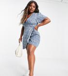 Missguided Plus Floral Print Tie Waist Mini Dress In Blue-blues