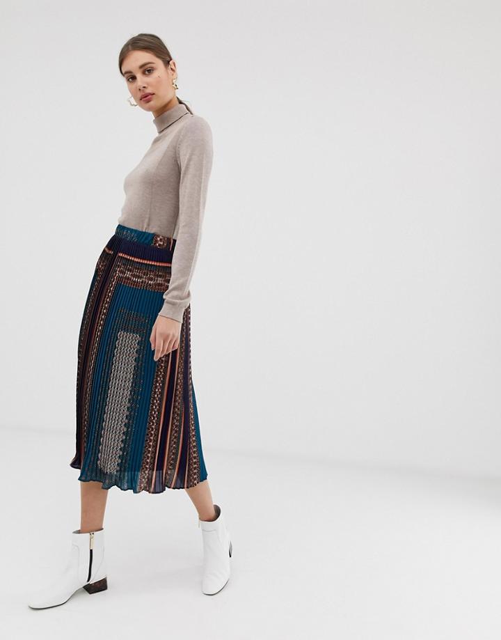 Pieces Scarf Print Pleated Midi Skirt - Multi