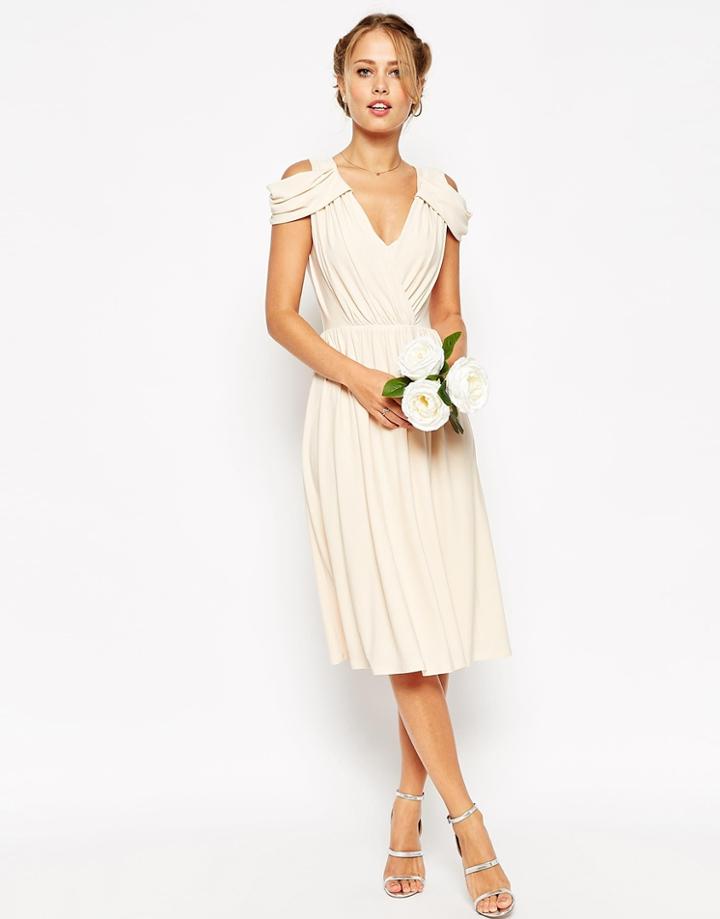 Asos Wedding Drape Cold Shoulder Midi Dress - Stone