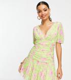 Asos Design Petite Exclusive Plunge Puff Sleeve Ruched Pep Hem Mini Dress In Bright Lime Floral-multi