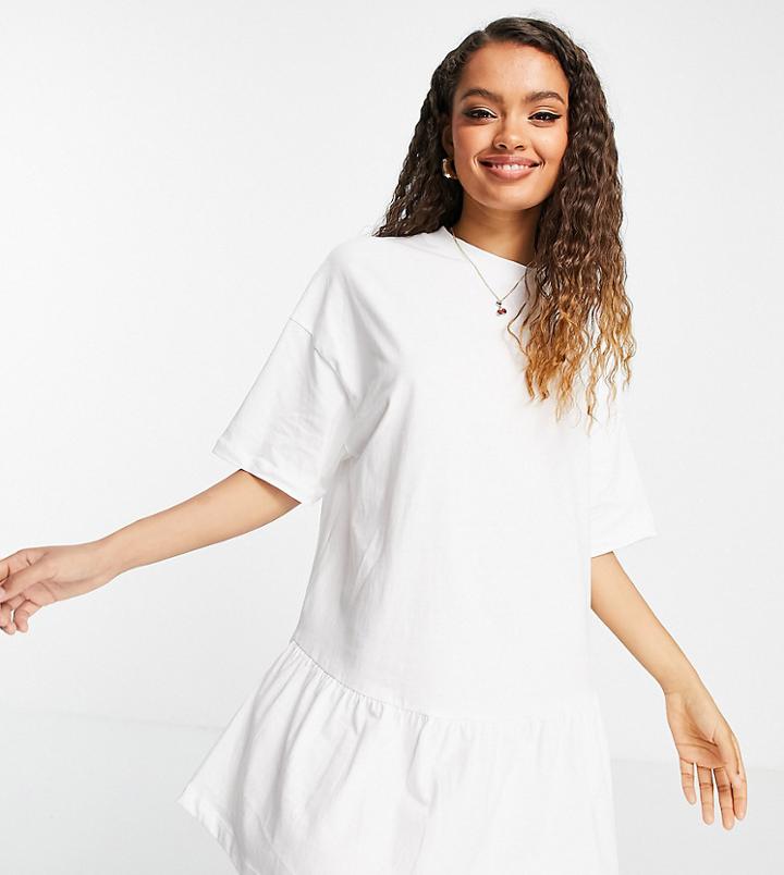 Asos Design Petite Oversized T-shirt Dress With Frill Hem In White