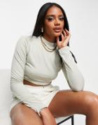 Public Desire Double Layer Slinky Long Slevee Crop Top In Fog-neutral