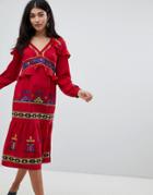 Asos Design Premium Geo-tribal Embroidered Midi Ruffle Dress - Red
