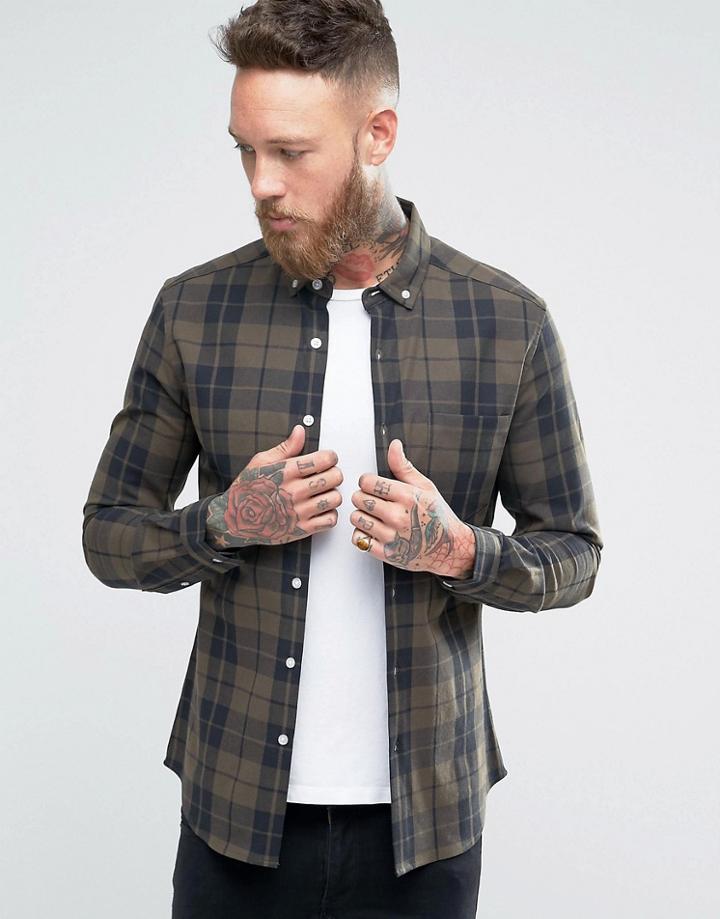 Asos Skinny Checked Shirt In Khaki - Green