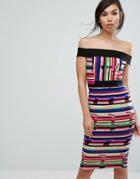 Vesper Bardot Pencil Midi Dress In Contrast Stripe Print - Multi
