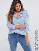 Asos Curve Oversized Smart Cotton Shirt In Stripe With Curved Hem - Multi