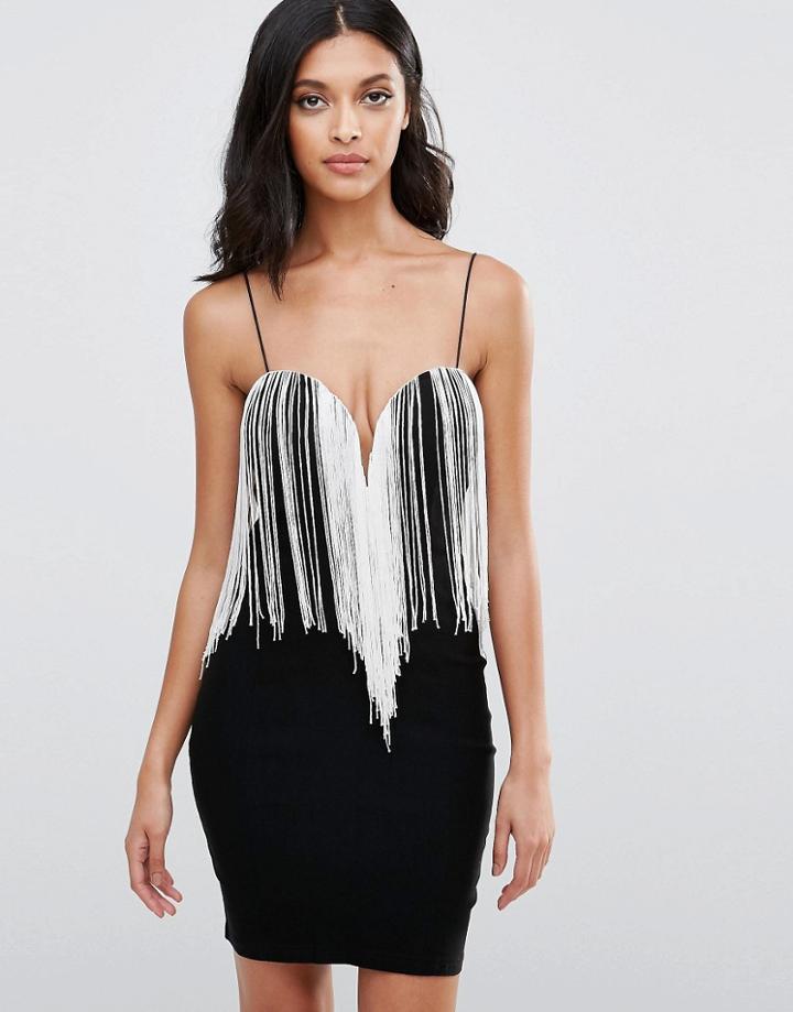 Rare Fringe Plunge Bust Mini Dress - Black