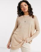 Vila Knitted Tunic Top In Beige-neutral