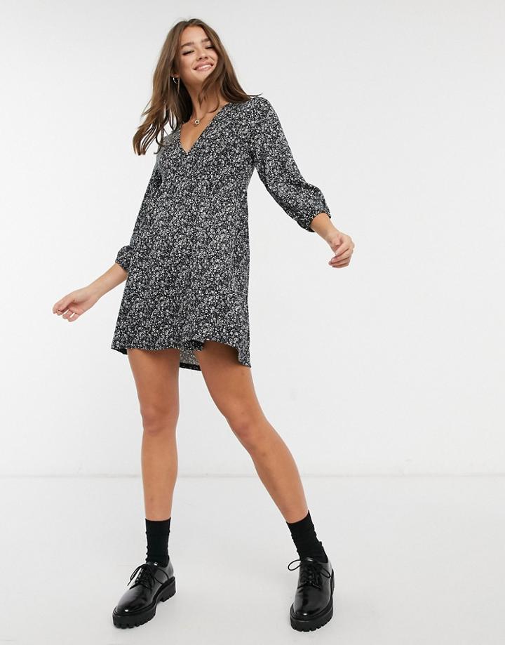Pull & Bear Mini Smock Dress In Black Floral Print