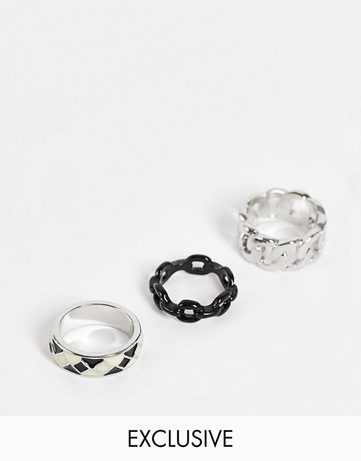Reclaimed Vintage Inspired Mixed Harlequin And Chain Rings In Silver 3 Pack