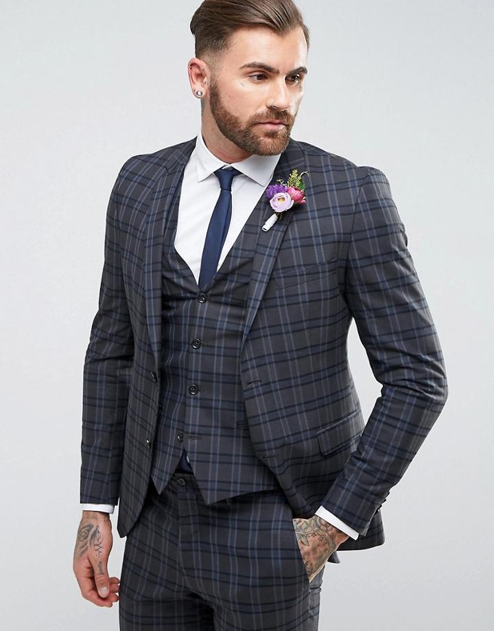 Jack & Jones Premium Skinny Wedding Suit Jacket In Check - Gray
