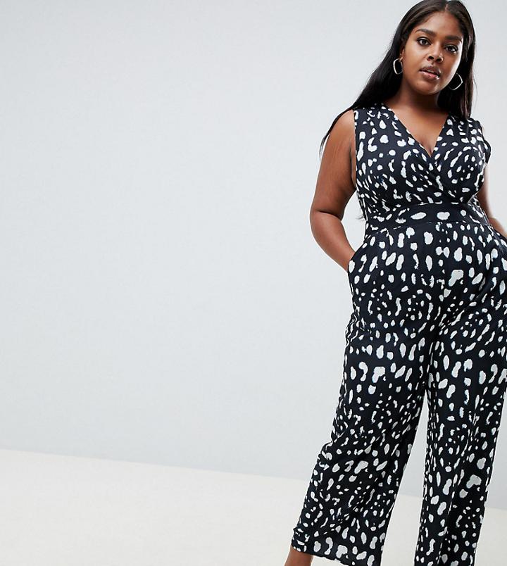 Yumi Plus Jumpsuit In Monochrome Animal Print - Black