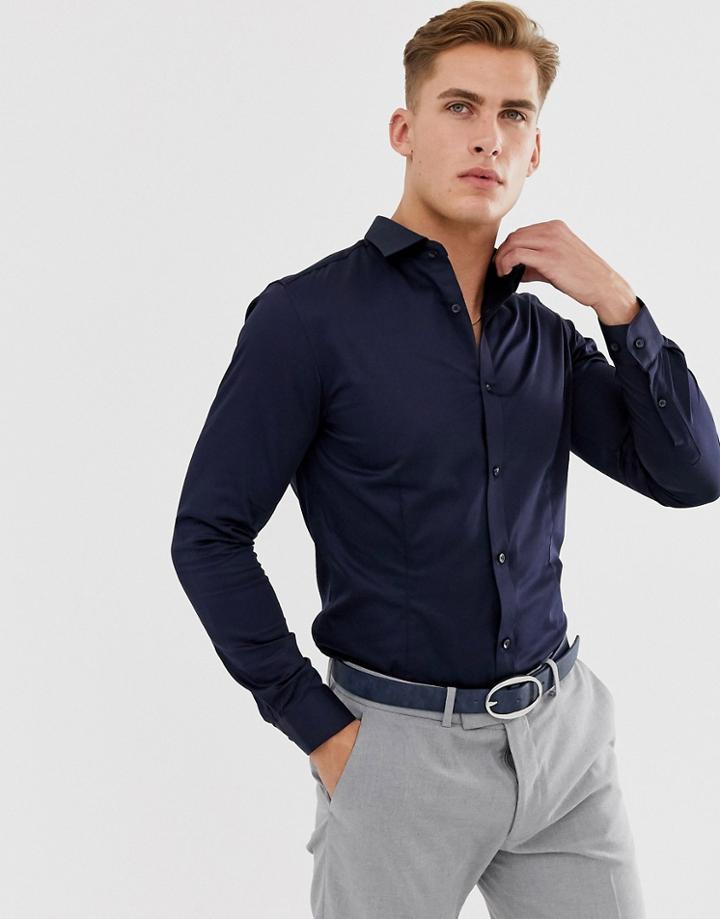Jack & Jones Premium Slim Fit Stretch Smart Shirt In Navy - Navy