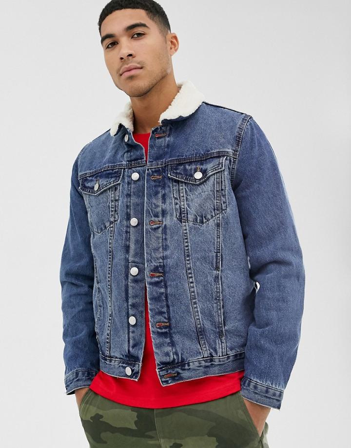 New Look Fleece Lined Denim Jacket In Blue Wash