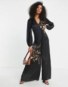 Asos Design Satin Embroidered Plunge Smock Jumpsuit In Black