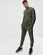 Asos Design Tracksuit Sweatshirt/skinny Joggers With Text Print And Side Stripe In Khaki - Green