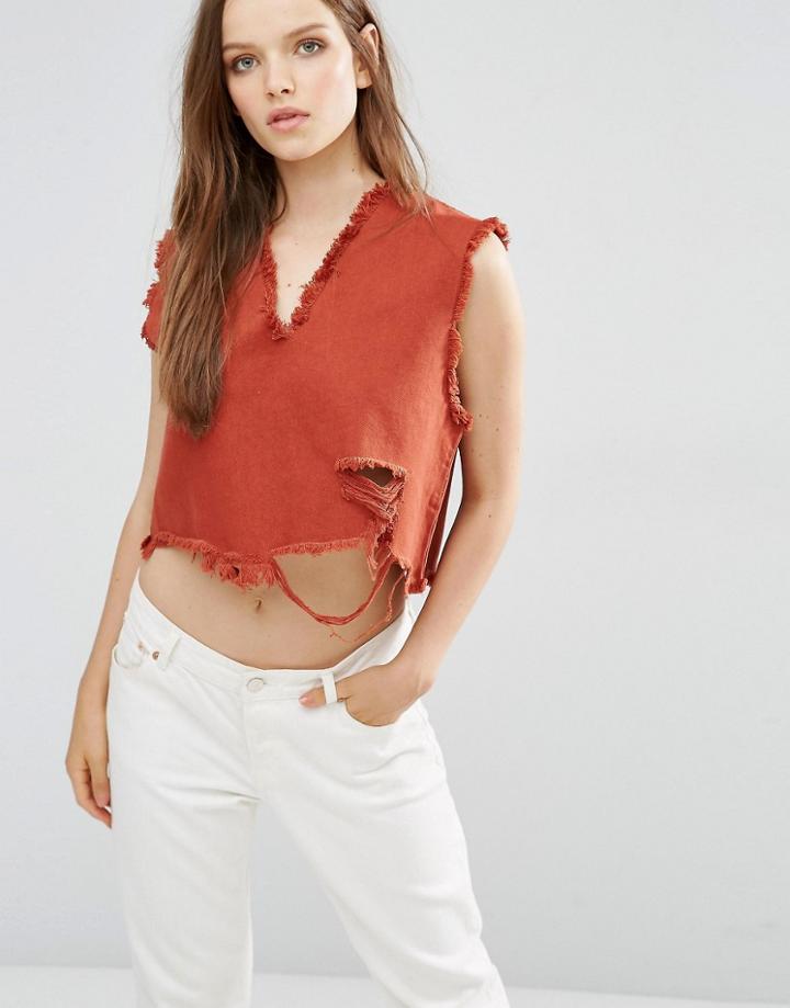 Waven Nova V Neck Crop Top With Raw Hem - Orange