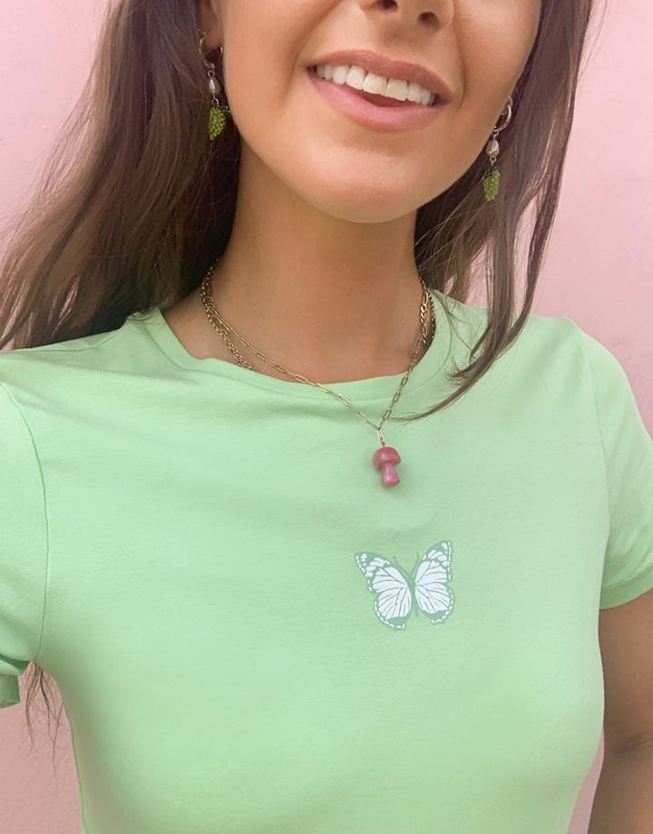 Asos Design Shrunken T-shirt With Butterfly Design In Lime-green
