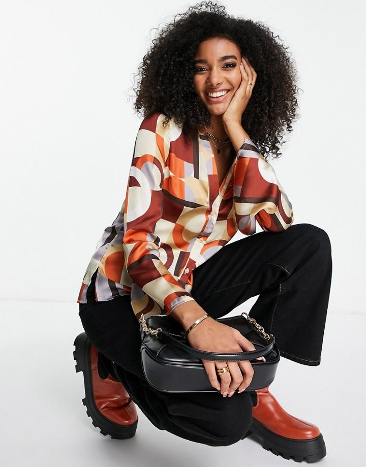 Asos Design Satin Shirt In Geo Print-multi