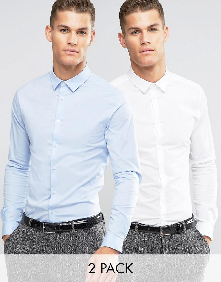 Asos Skinny Shirt In White And Blue With Long Sleeves 2 Pack - Multi