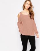 Asos Chunky Sweater With Cold Shoulder And Side Splits - Blush
