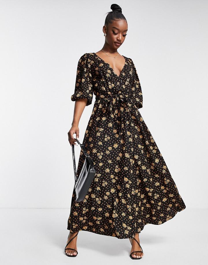 Asos Design Wrap Front Midi Dress In Floral And Spot Print-multi