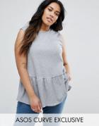 Asos Curve Ribbed Swing Top With Ruffle Hem - Gray