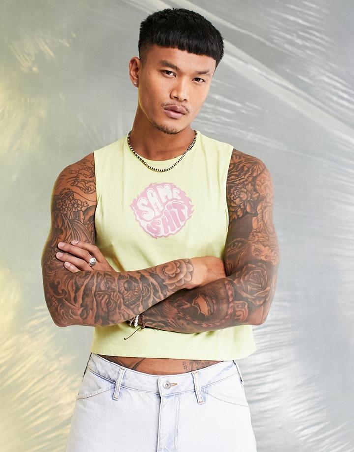 Asos Design Tank Top With Knot Back & Chest Print In Yellow-black