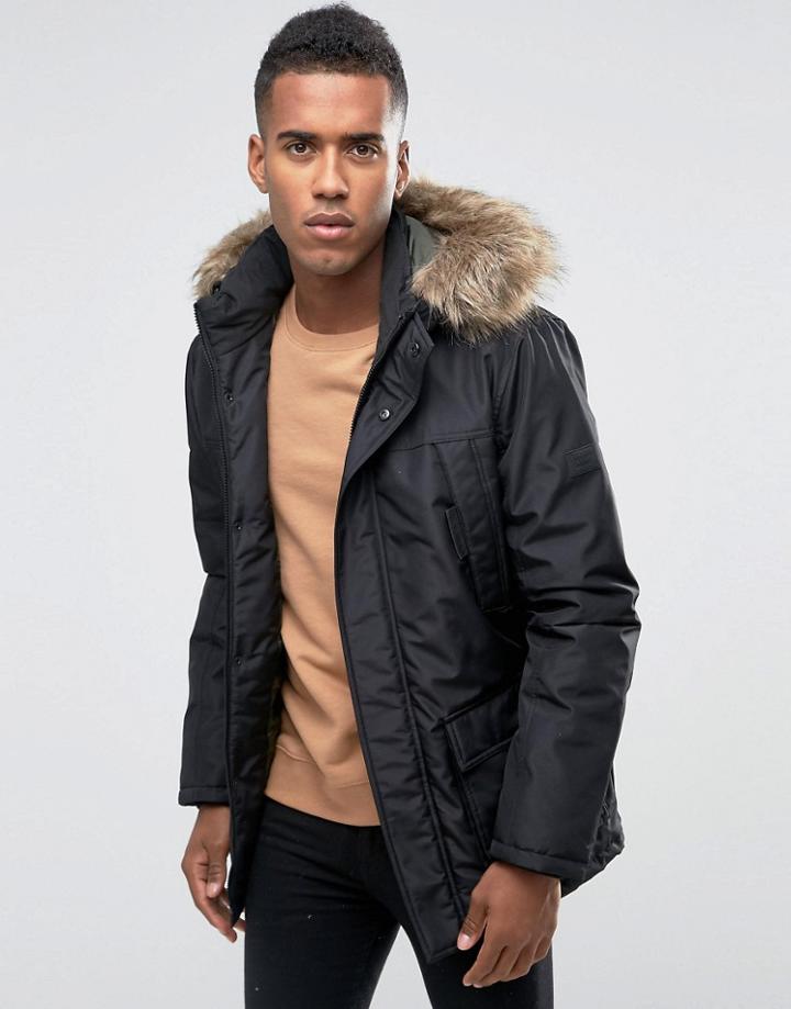 Jack & Jones Core Parka With Faux Fur Hood - Black