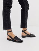 Asos Design Mady Leather Woven Flat Shoes In Black - Black