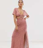 Asos Design Petite Polka Dot Maxi Dress With Cut Out Waist And Ring Detail - Multi