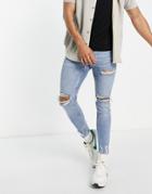 Pull & Bear Skinny Jeans With Rips In Mid Blue