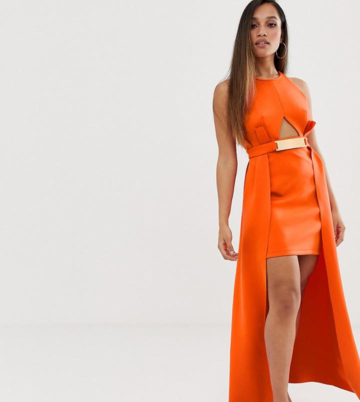 Asos Design Petite Premium Halter Keyhole Mini Dress With Gold Belt Detail - Orange