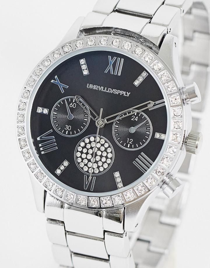 Asos Design Bracelet Watch With Black Face And Crystals In Silver Tone