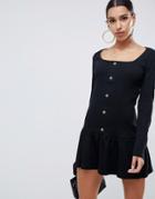 Asos Design Rib Mini Button Through Dress With Pep Hem-black
