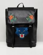 Asos Design Backpack In Faux Leather In Black With Flower And Tiger Embroidery - Black