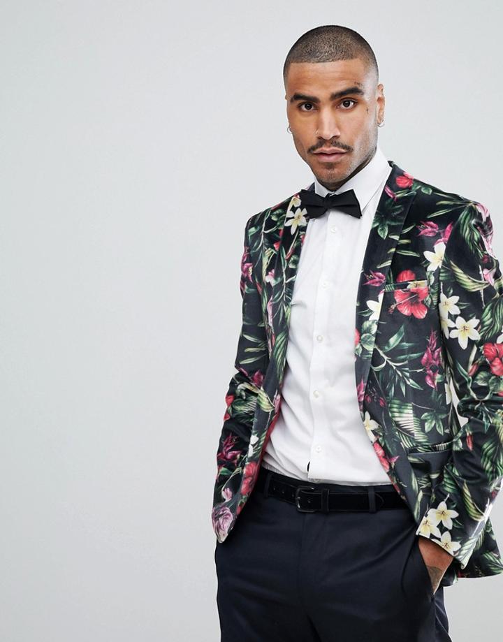 Asos Super Skinny Blazer In Floral Printed Velvet - Black
