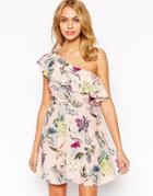 Love One Shoulder Prom Dress In Botanical Floral Print - Multi