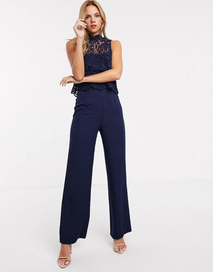 Chi Chi London Lace Overlay Jumpsuit In Navy