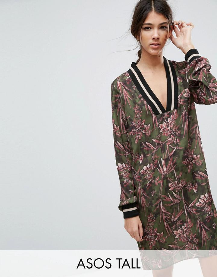 Asos Tall Satin Shift Dress In Pixelated Floral Print - Multi