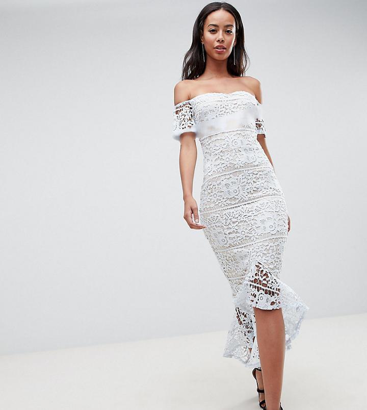 Missguided Tall Lace Bardot Fishtail Midi Dress - Blue