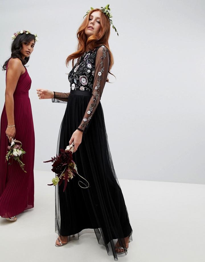 Maya Floral Embellished Long Sleeve Maxi Dress In Black - Black