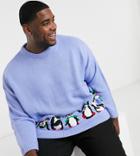 Asos Design Plus Oversized Christmas Sweater With Penguin Design-blue