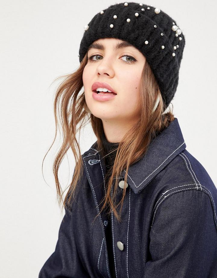 Pieces Peal Embellished Hat - Black
