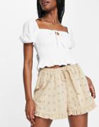 Asos Design Broderie Shorts With Ruffle Hem And Tie Waist In Neutral