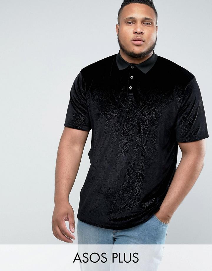 Asos Plus Longline Polo In Embossed Floral Velvet - Black