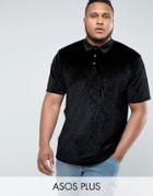 Asos Plus Longline Polo In Embossed Floral Velvet - Black