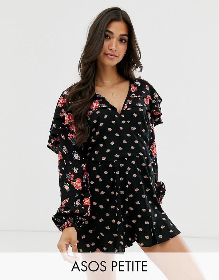 Asos Design Petite Mixed Floral Romper With Ruffle Sleeve-multi